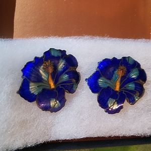 Vintage Cloisonne Hibiscus Clip-On Earrings